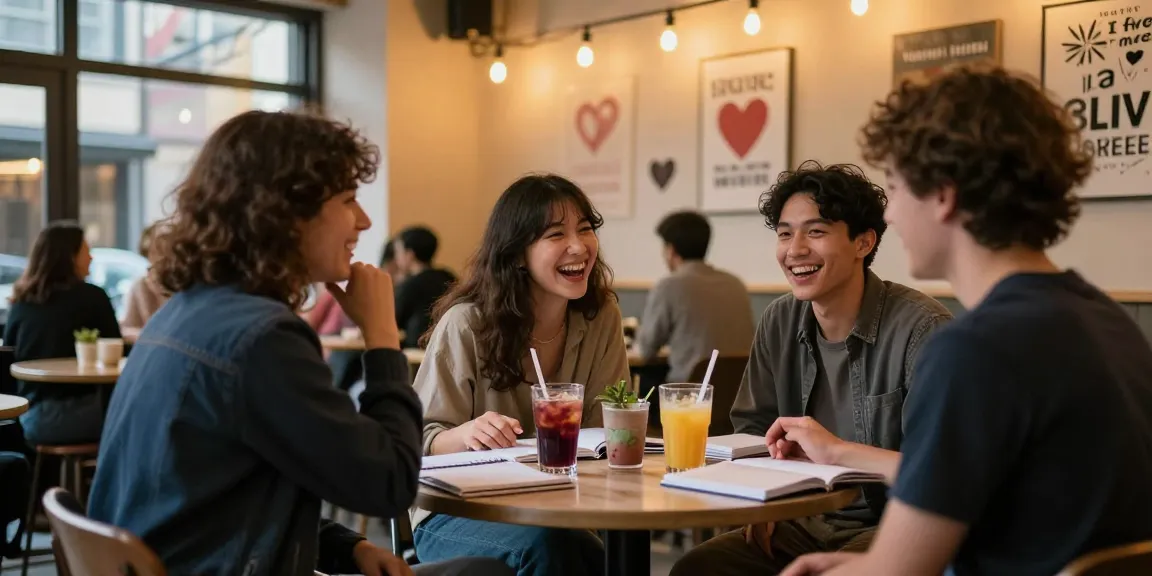 Young adults discussing their crush on someone in a cozy café.