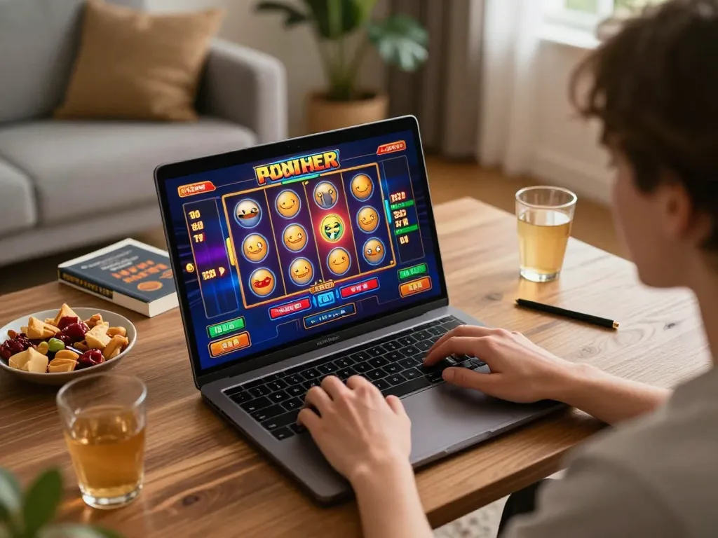 Bintangmpo menampilkan sesi permainan online yang fokus dengan antarmuka mesin slot yang cerah di dalam rumah yang nyaman