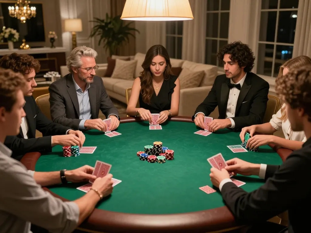 Thabet players strategizing in a luxurious home poker game, showcasing vibrant chips and engaged friends.