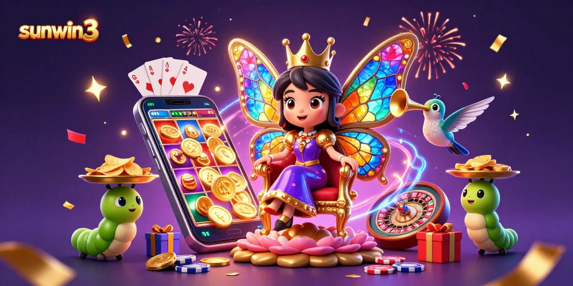 Experience the dazzling world of sunwin3 with vibrant casino elements and an enchanting butterfly queen.