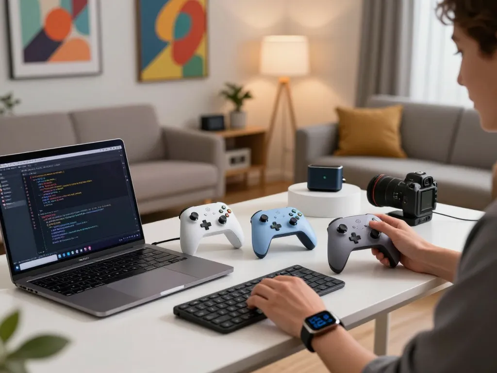 Explore the latest tech gadgets 2058 in a modern home office with Bluetooth devices.