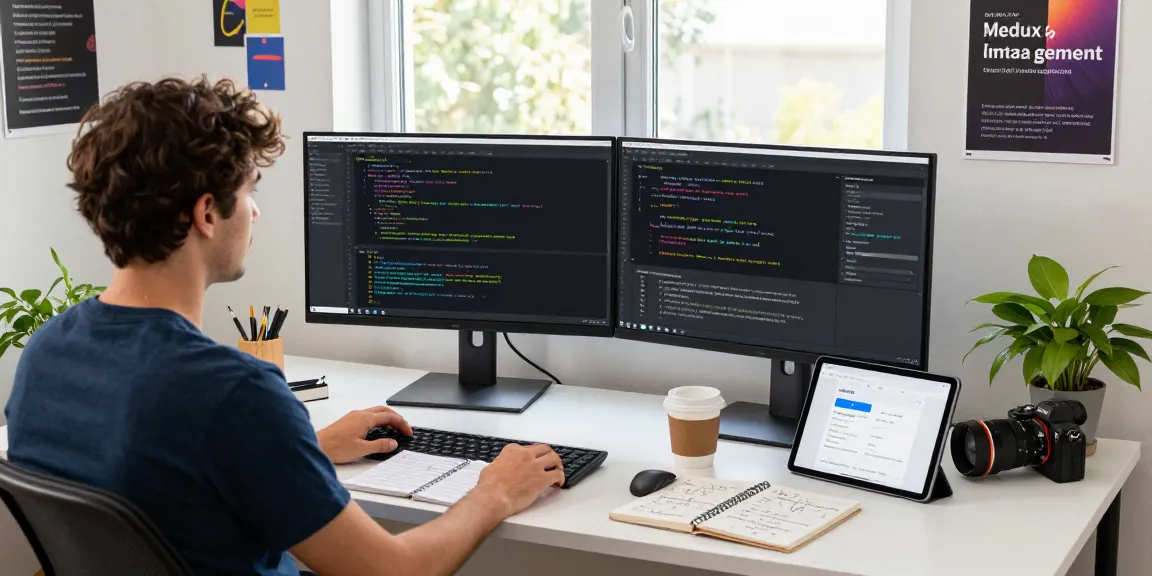 Developer engaged in Redux state management training in a modern workspace with dual monitors and coding resources.