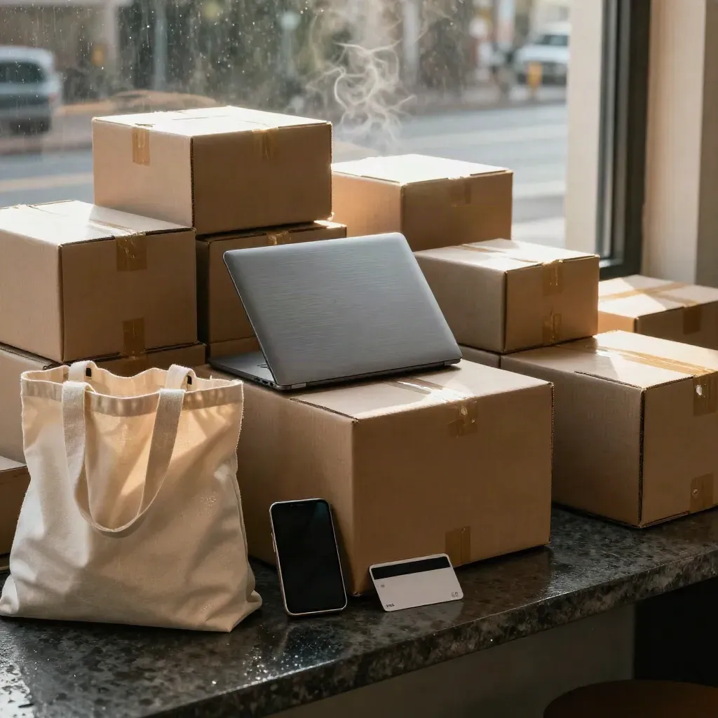 Rain-lit parcels, laptop, phone, tote and cashback sleeve on a dramatic counter by a window