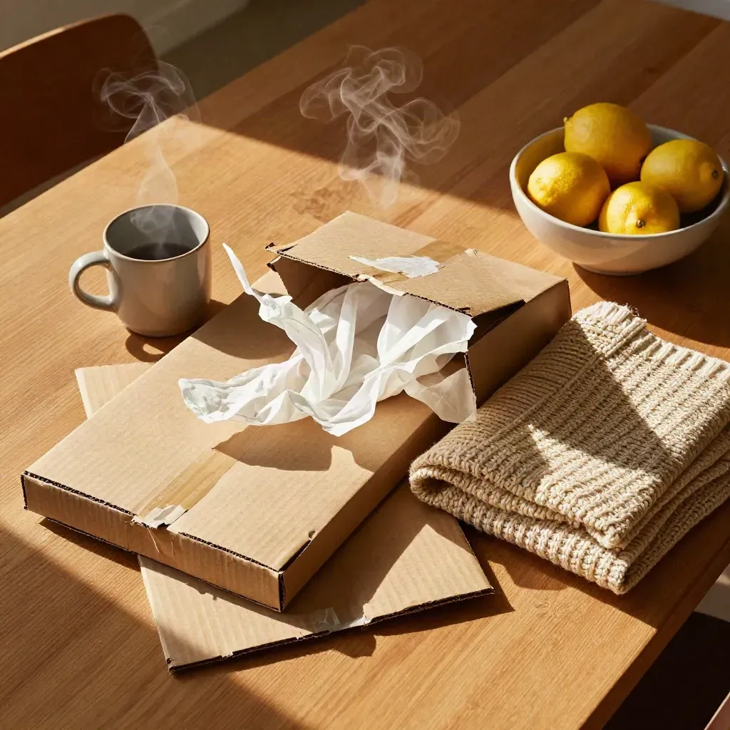 Overhead weekend shopping haul on a dining table with parcels, sweater, mug, and citrus bowl.