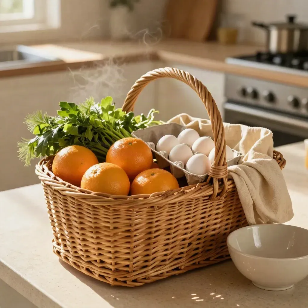 Wicker grocery basket with citrus, greens, eggs, cloth bag and ceramic bowl on a kitchen counter.