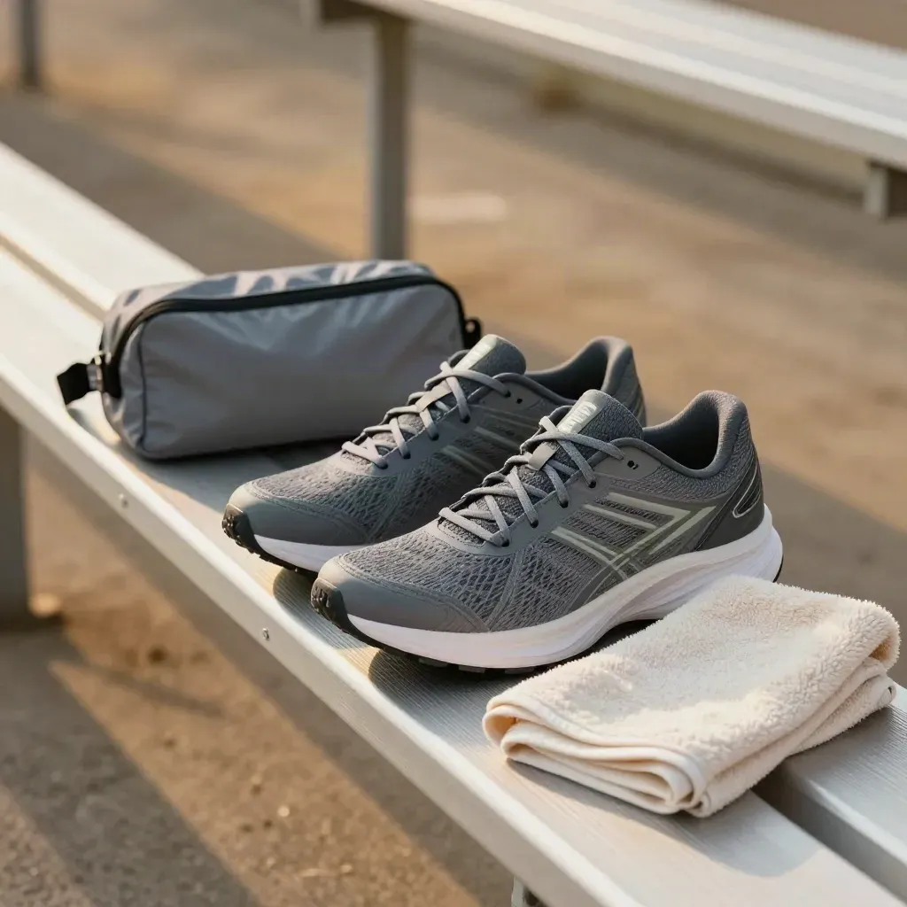 Running shoes, sports pouch and towel on a stadium bench in bright noon light.
