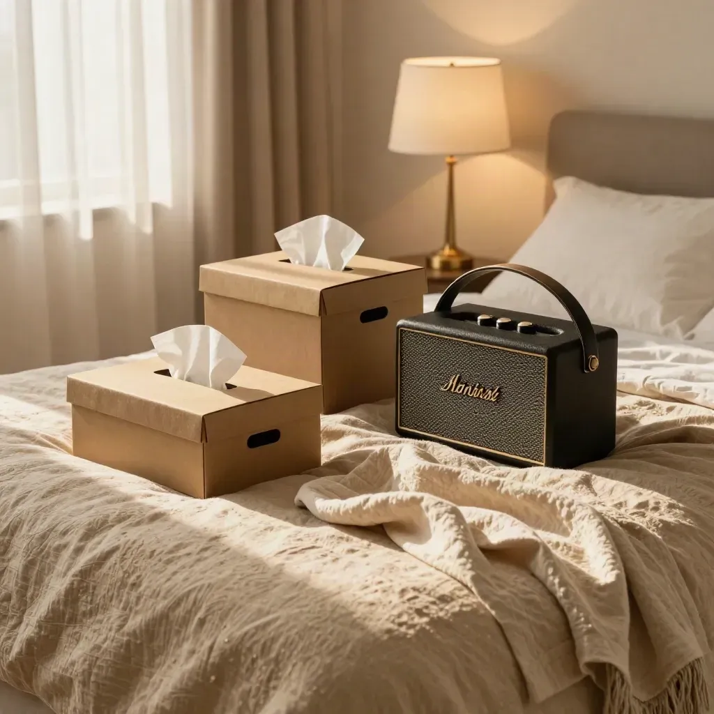 Fashion boxes, speaker, throw, and lamp on a bed in a sunlit spare bedroom.