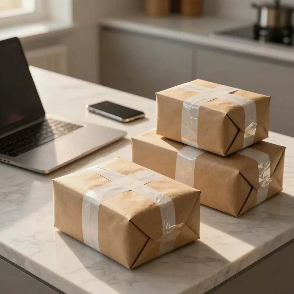 Closed laptop, glowing phone and three parcels on a marble counter in warm morning light.