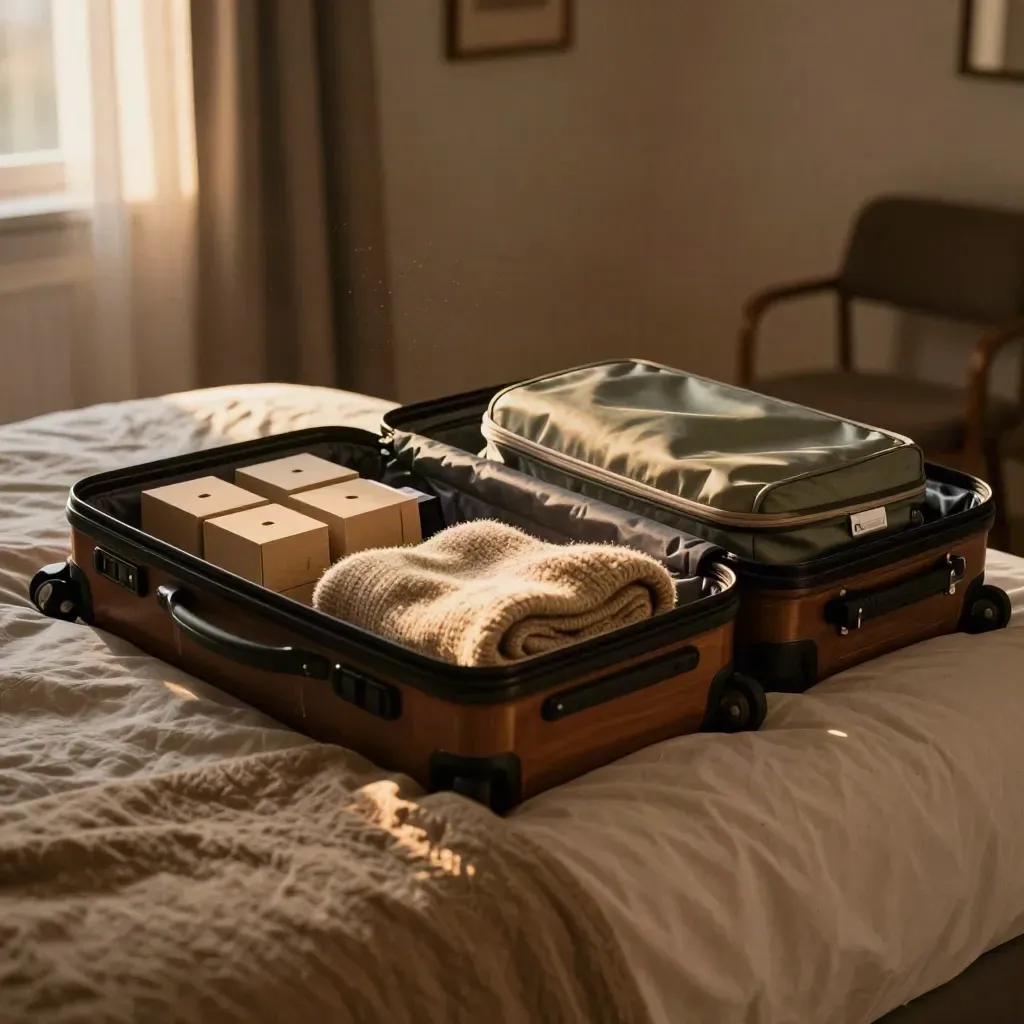 Open carry-on suitcase with packing cubes and sweater by a sunset window in a guest room.