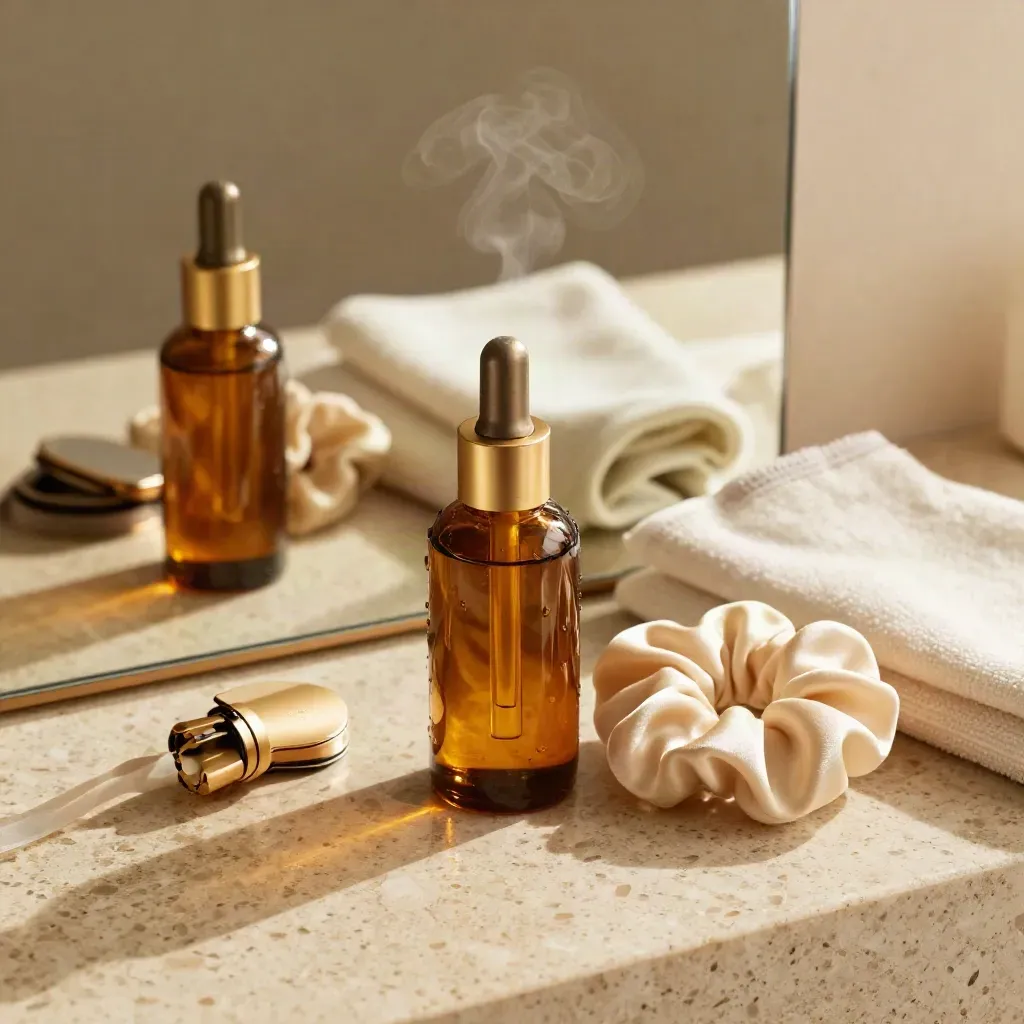 Amber skincare bottles, silk scrunchie, compact mirror, and spa cloth on a warm vanity in golden light.