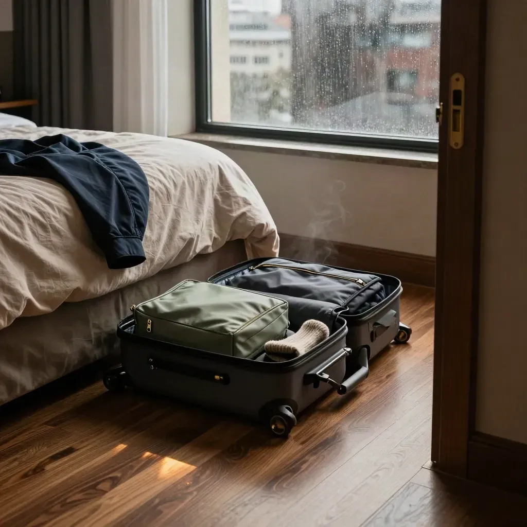 Open carry-on, jacket and travel pouches by a rain-spotted hotel window at morning light.