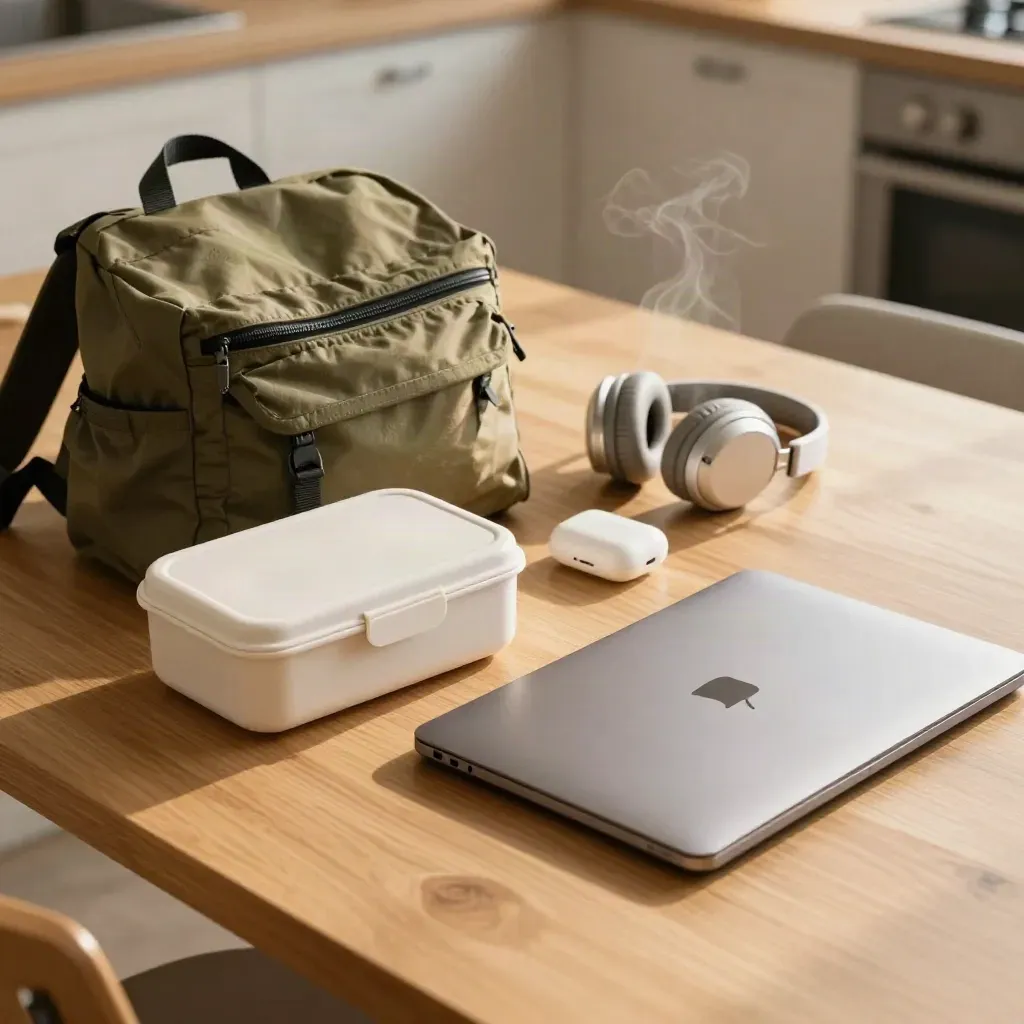 Olive backpack, lunchbox, headphones case, and laptop on a steaming kitchen table.