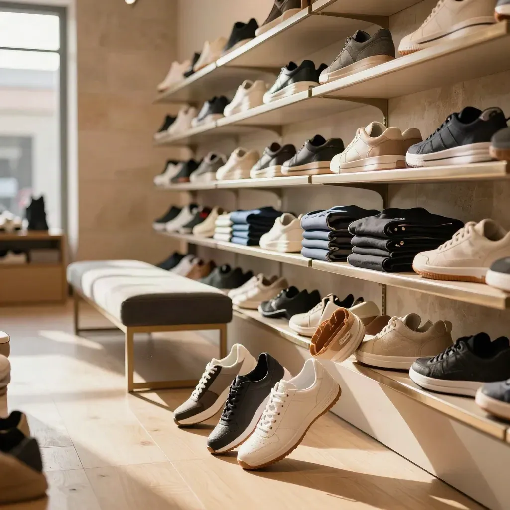 Low aisle view of trainers, folded kits, and a charcoal bench stool in a bright sports store.