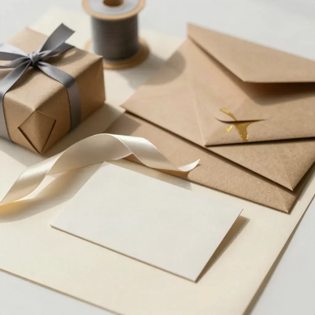 Gift cards, wrapped boxes and ribbon spools bundled on cream paper with a gold accent.
