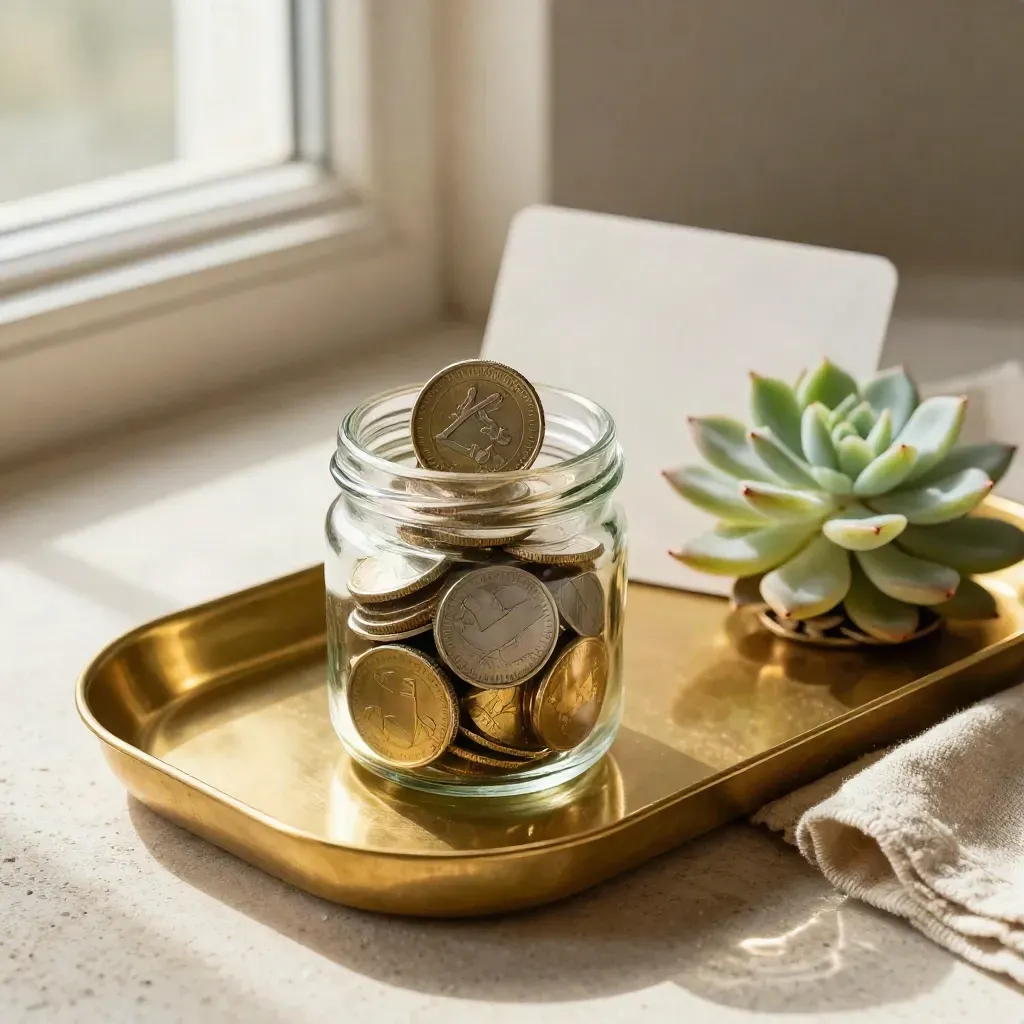 Glass coin jar, matte card, and succulent on a brass tray with a sliding coin.