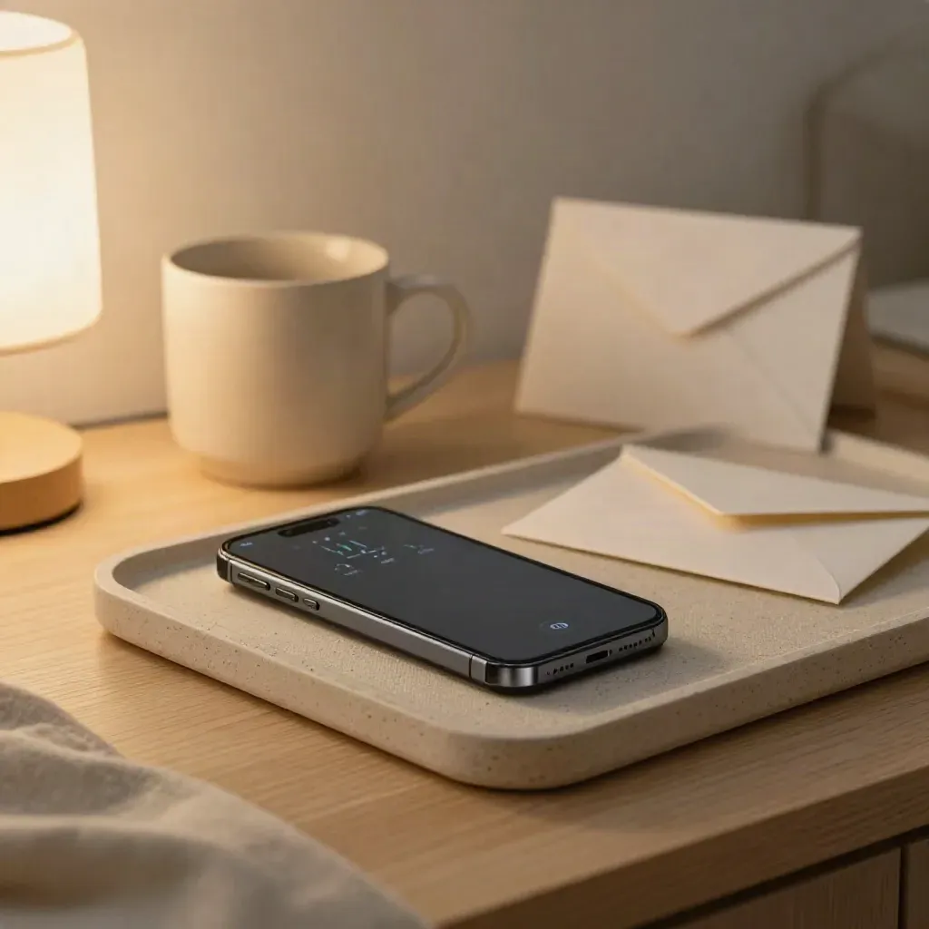 Phone alert beside mug, lamp and linen tray on pale wood, softly lit.