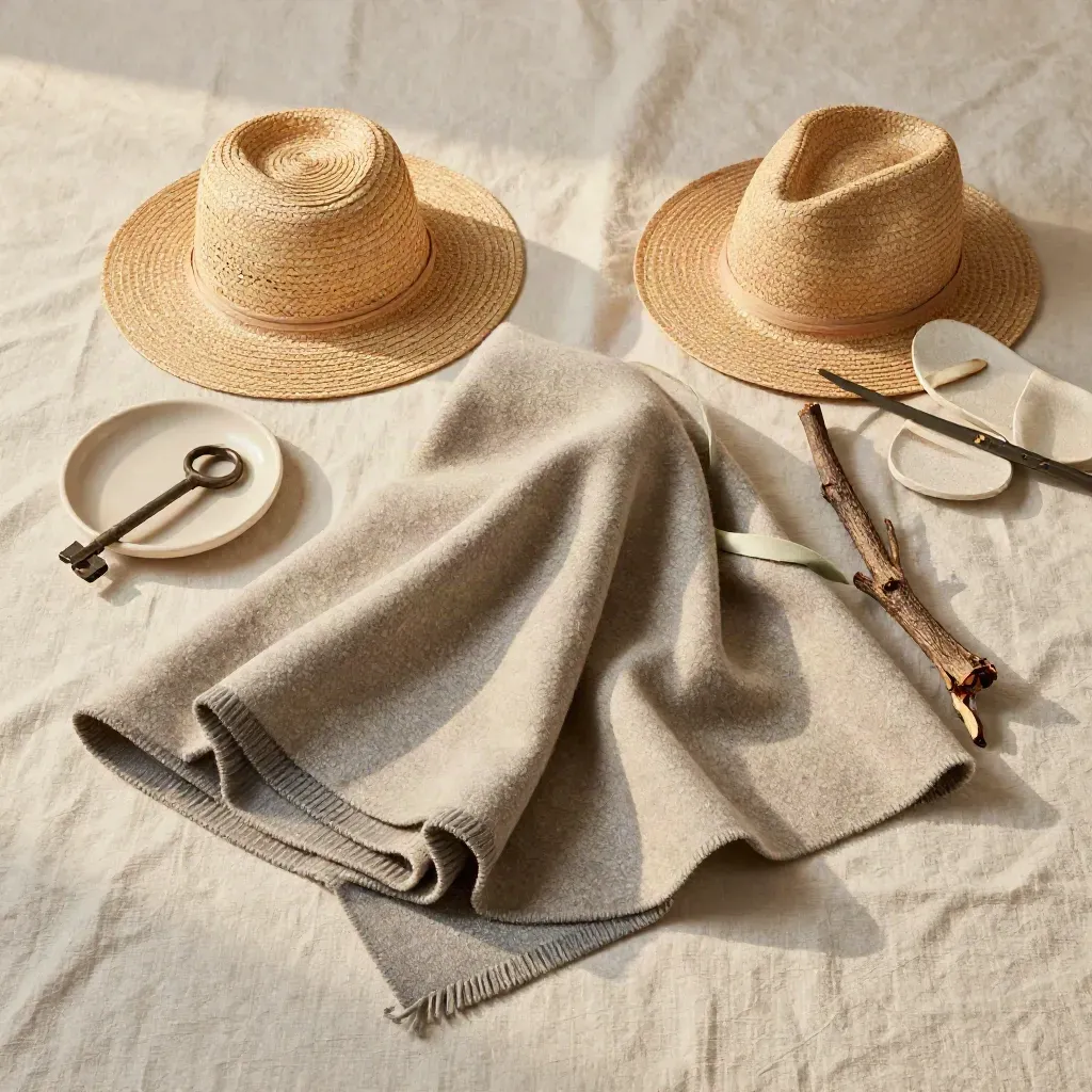 Folded wool throw, straw hat, ceramic dish and dried branch on linen with a sage accent.