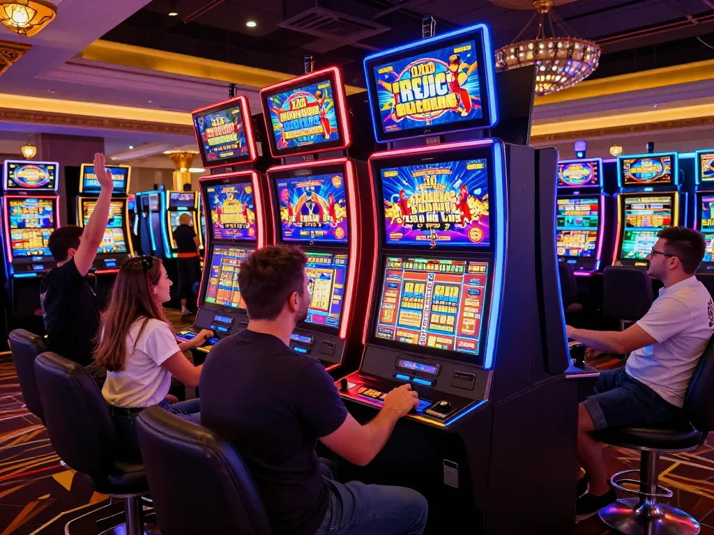 Experience slot88 excitement with players engaging at colorful slot machines in a vibrant casino