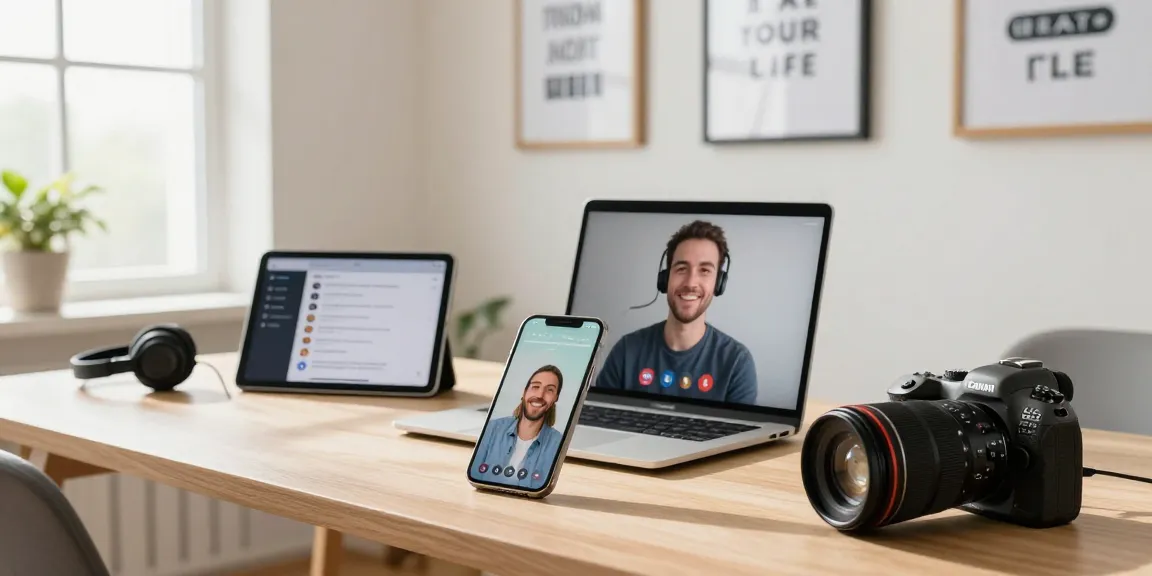 Interfaz de la App de llamadas internacionales para iPhone mostrando una videollamada en un moderno espacio de trabajo.