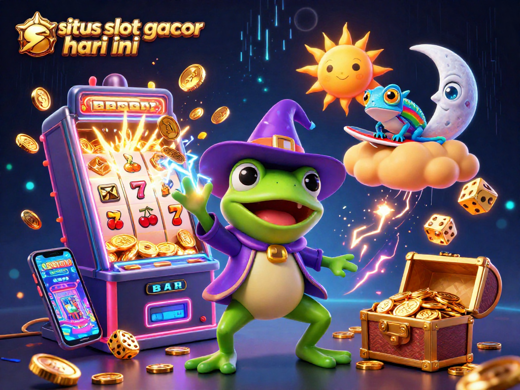 Experience the thrill with situs slot gacor hari ini as the weather wizard frog and chameleon surf through a coin storm.
