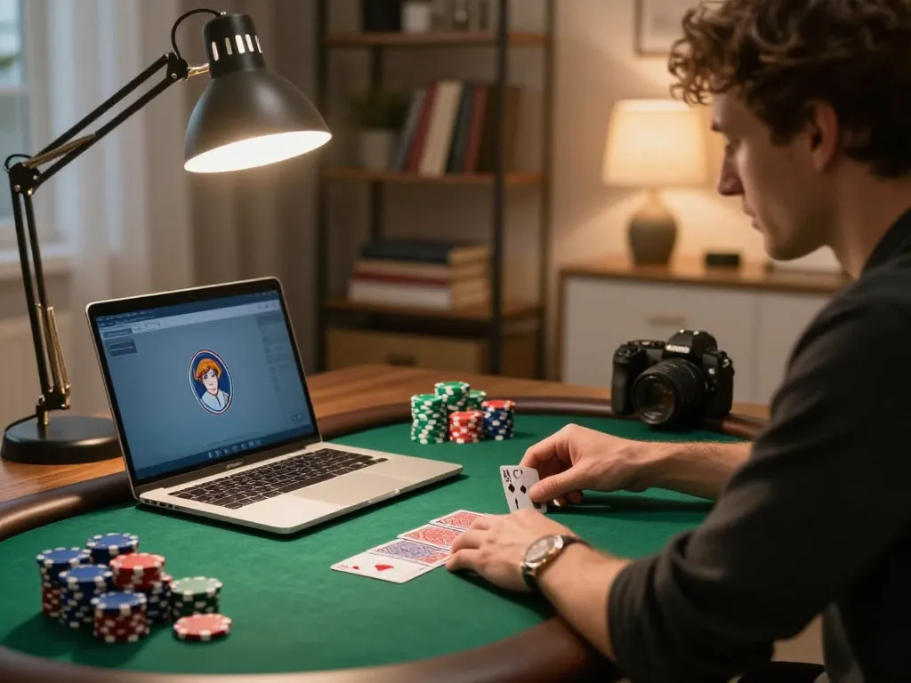 Player enjoying a poker game on a laptop at home, showcasing uu88 net interface with engaging visuals.