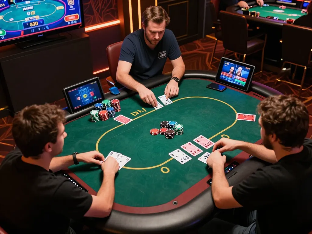Players strategizing in an engaging online poker game at 98win9 with colorful graphics