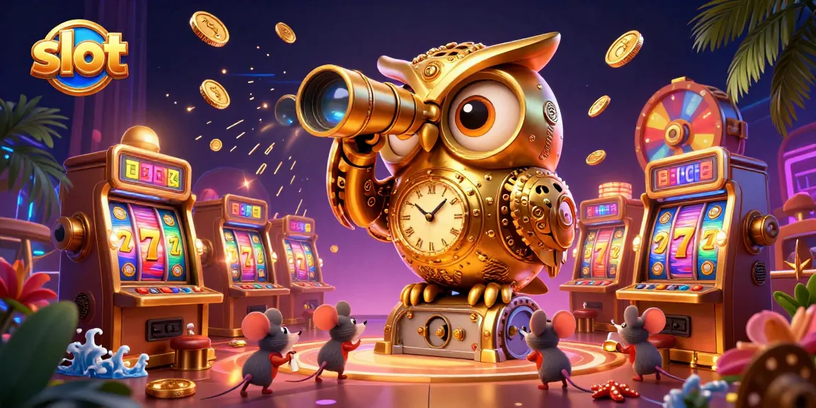 Engaging slot action scene featuring dynamic slot machines, golden owl, and vibrant game elements.