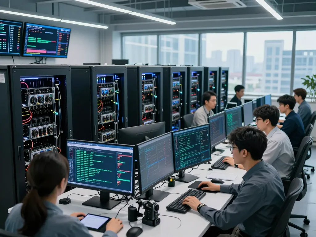 Engineers collaborating on IO DeFi mining technology in a modern facility