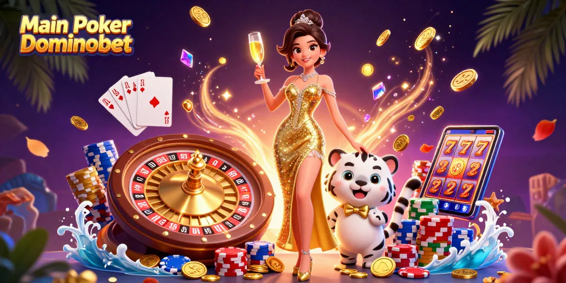Main Poker Dominobet showcases an engaging scene with characters and elements of poker excitement and gambling action.