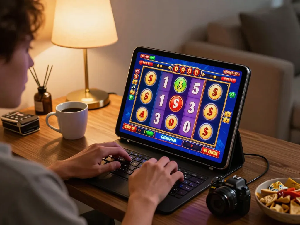 Engaging online slots gameplay on tablet showcasing vin88tp in a modern living room environment.