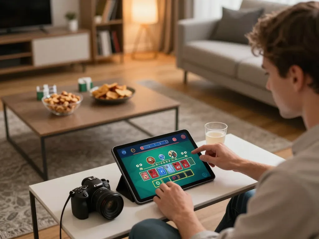 Player engaging with dh88vip live dealer game, showcasing a comfortable home gaming atmosphere.