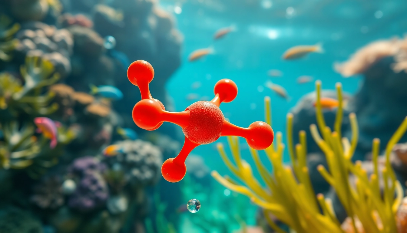 Astaxanthin explained with a molecular close-up in a vibrant underwater ecosystem.