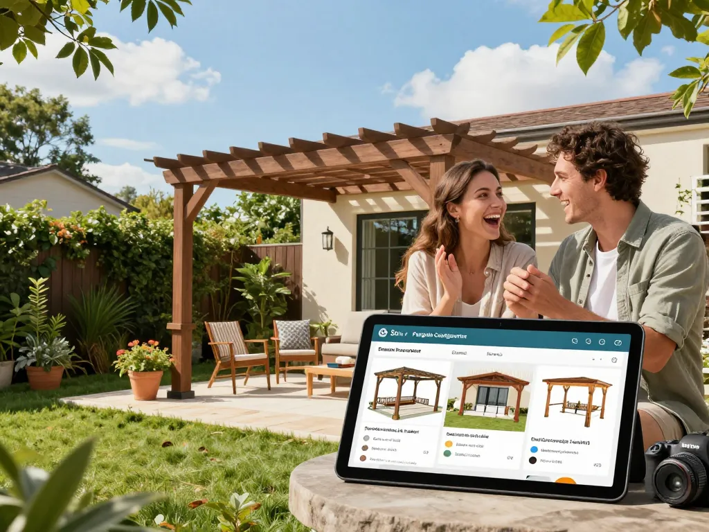 Couple joyfully using a 3D Pergola Configurator to design their custom outdoor space.
