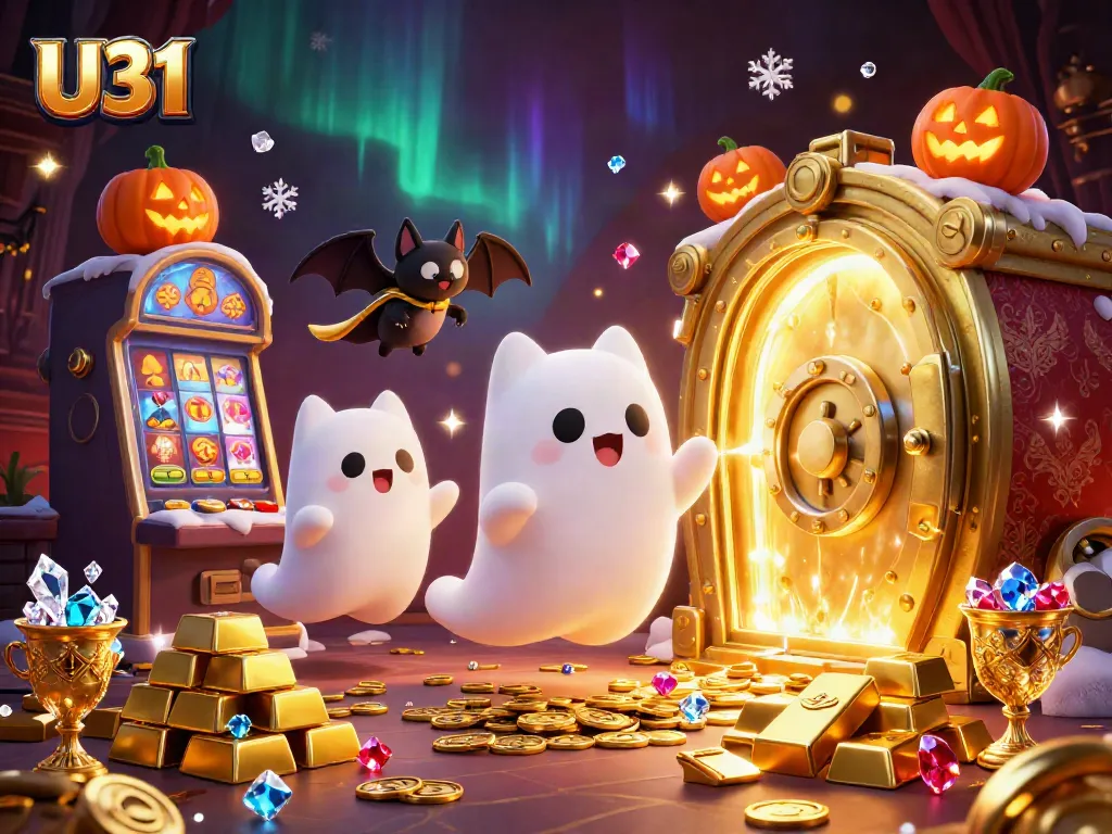 Play thrilling games with U31, a ghost cat and bat in a lively casino scene full of treasures.
