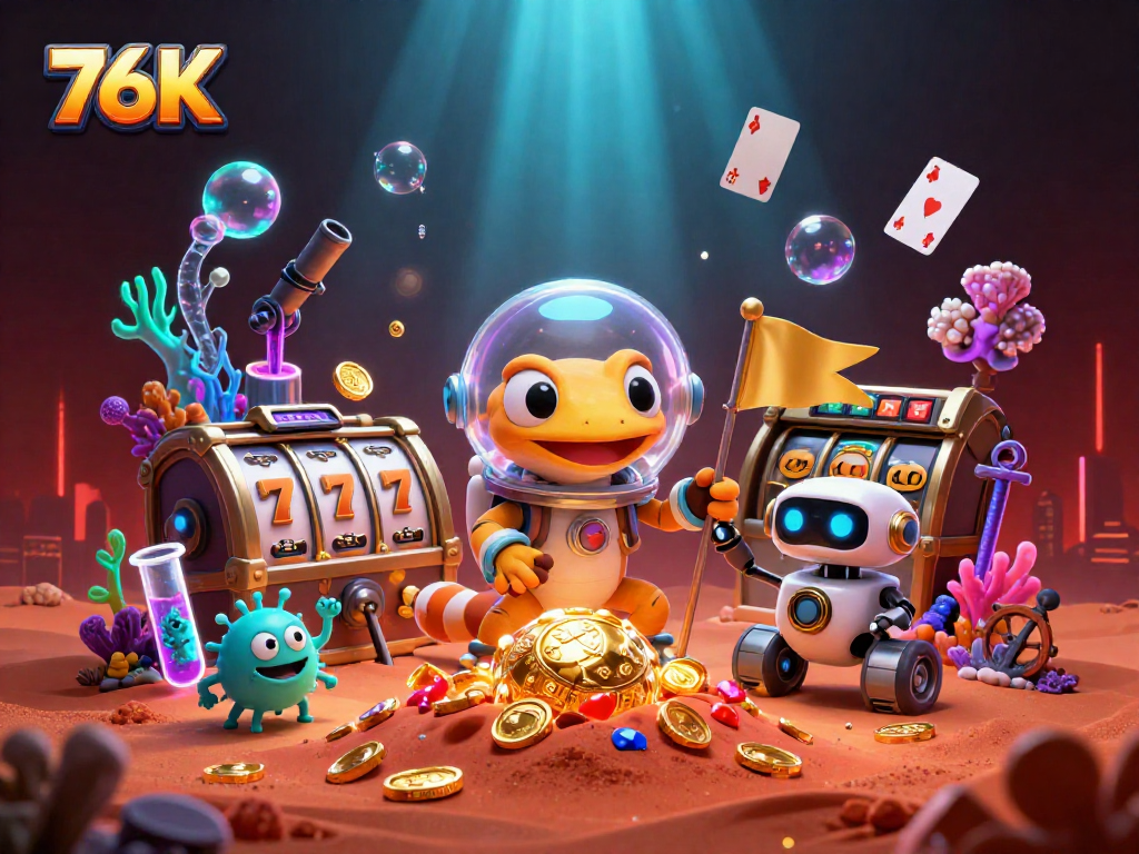 76K traz um cassino dourado no espaço, com gecko marciano e robô, em um fundo vibrante.