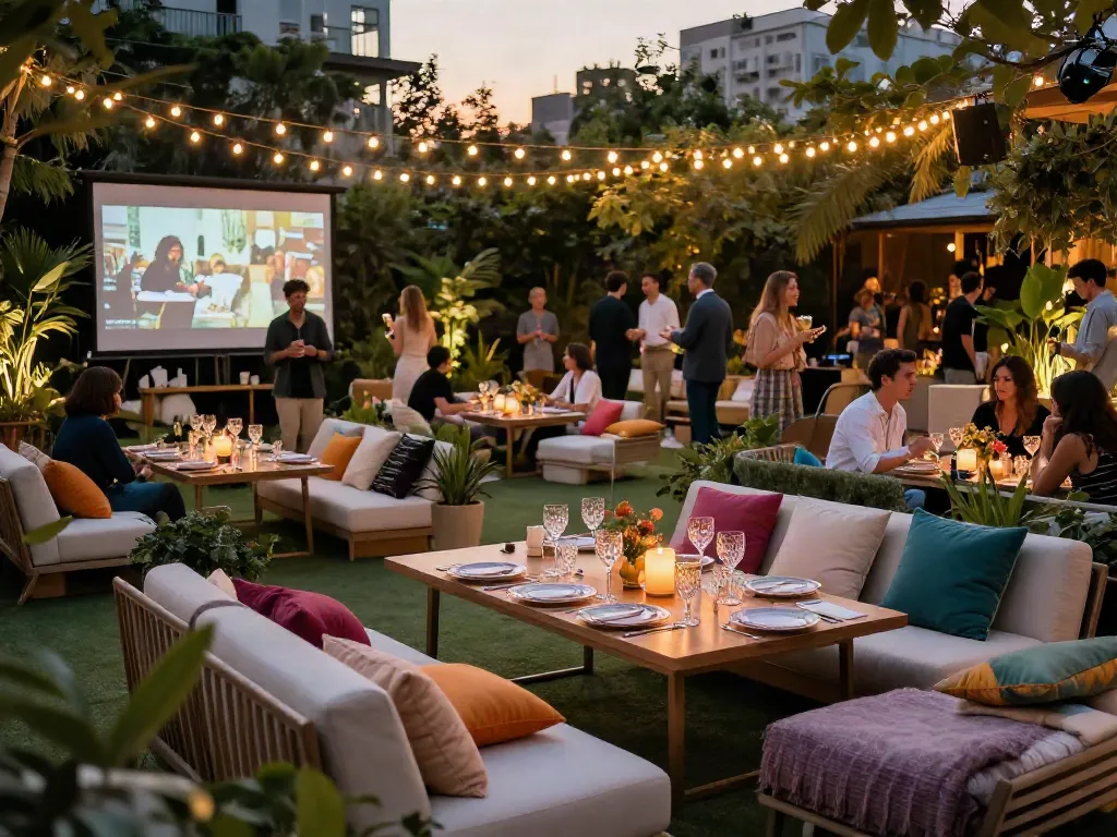 Outdoor event furniture rental setup with elegant seating and decor enhancing a sophisticated atmosphere.