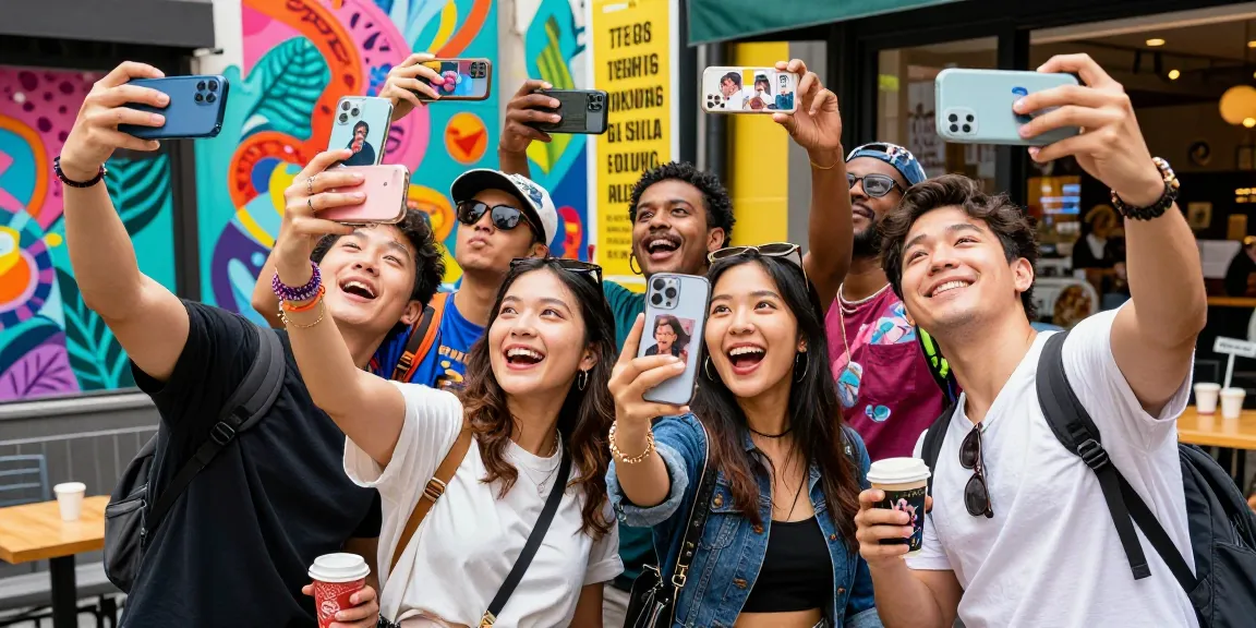 Friends discovering their celebrity look alike with smiles, vibrant city backdrop, engaging social media.
