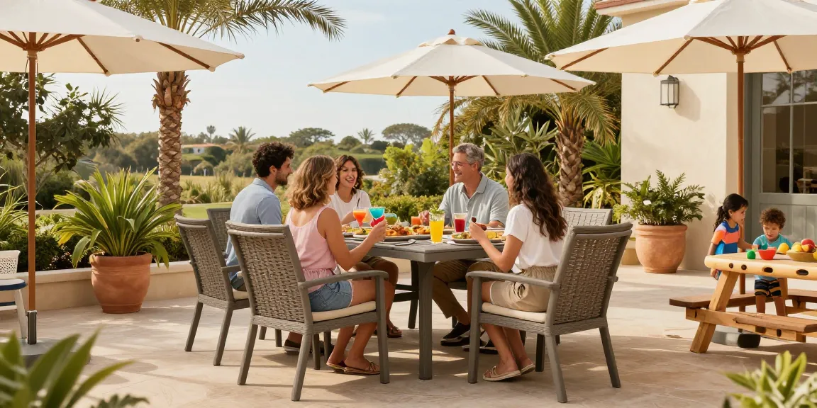 Gathering around the Camden Dining Set, showcasing the best patio furniture brands in a vibrant outdoor setting.