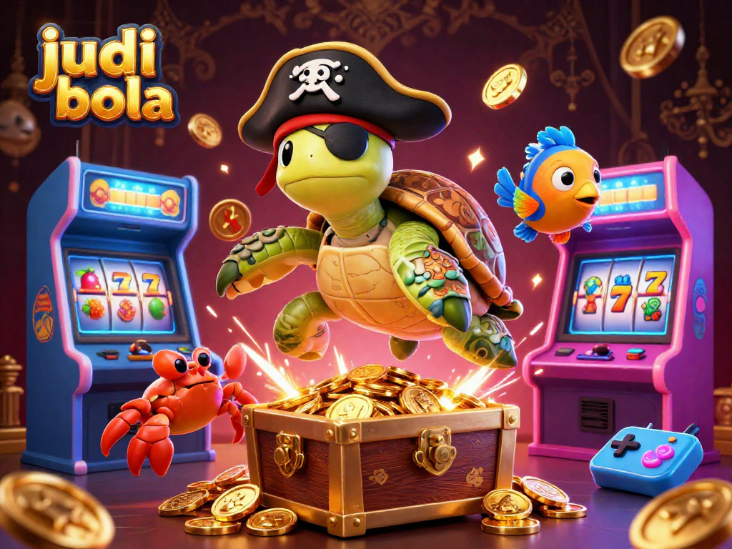 Play judi bola with a vibrant casino-themed illustration showcasing a turtle, crab, and fish amidst gaming elements.