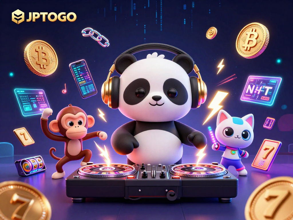 Engage with JPTOTO's vibrant gaming experience featuring a DJ panda, monkey dancer, and rave kitten.