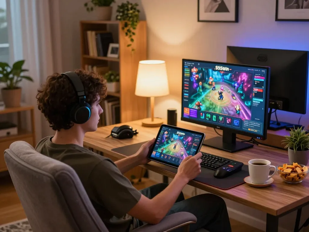 Engaging gameplay on 555win app displayed on tablet in cozy home setting