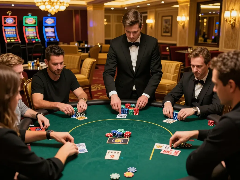 Players enjoying strategic poker gameplay at Lucky88i's upscale casino, with colorful chips and focused atmosphere.
