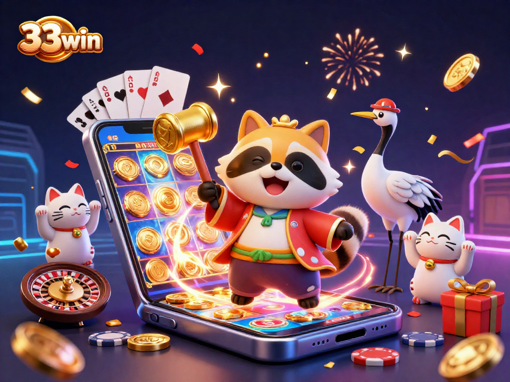 Experience 33win with a cheerful tanuki and vibrant casino atmosphere filled with luck and excitement.