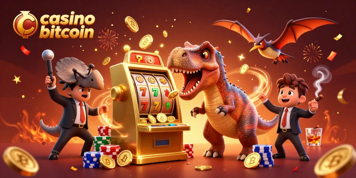 Esplorando il casino bitcoin con un pachicefalosauro che fa scattare la slot machine e raccoglie monete d'oro.