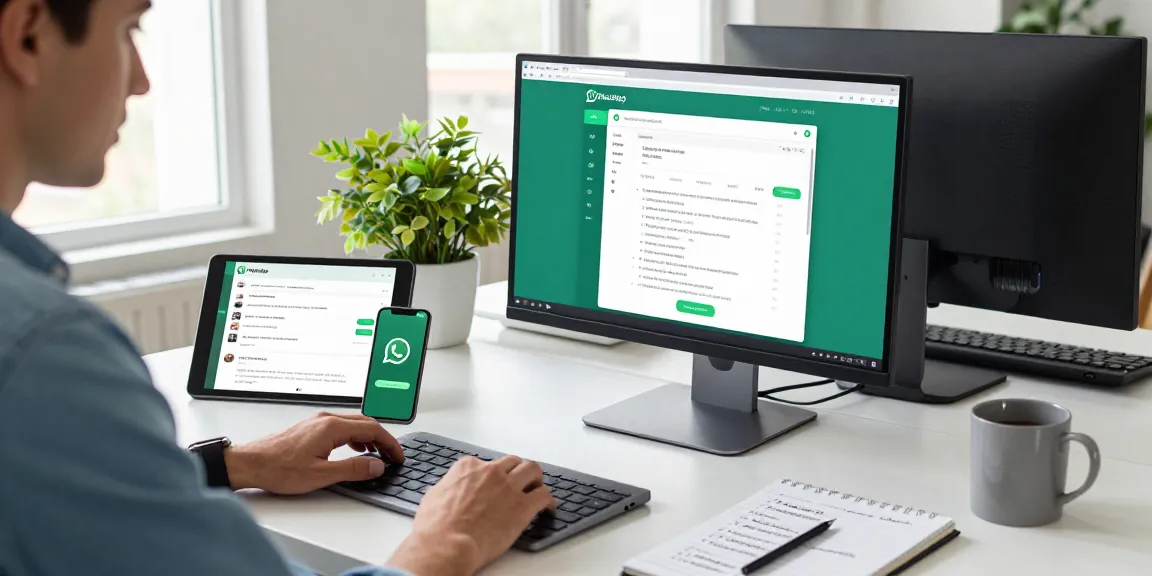 Workspace with WhatsApp網頁版 open on a monitor, showcasing modern tech communication.