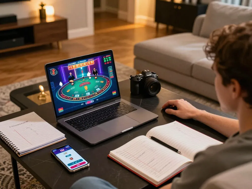 Engaging in live dealer game on O8 casino app from a stylish home setup, highlighting responsible gaming
