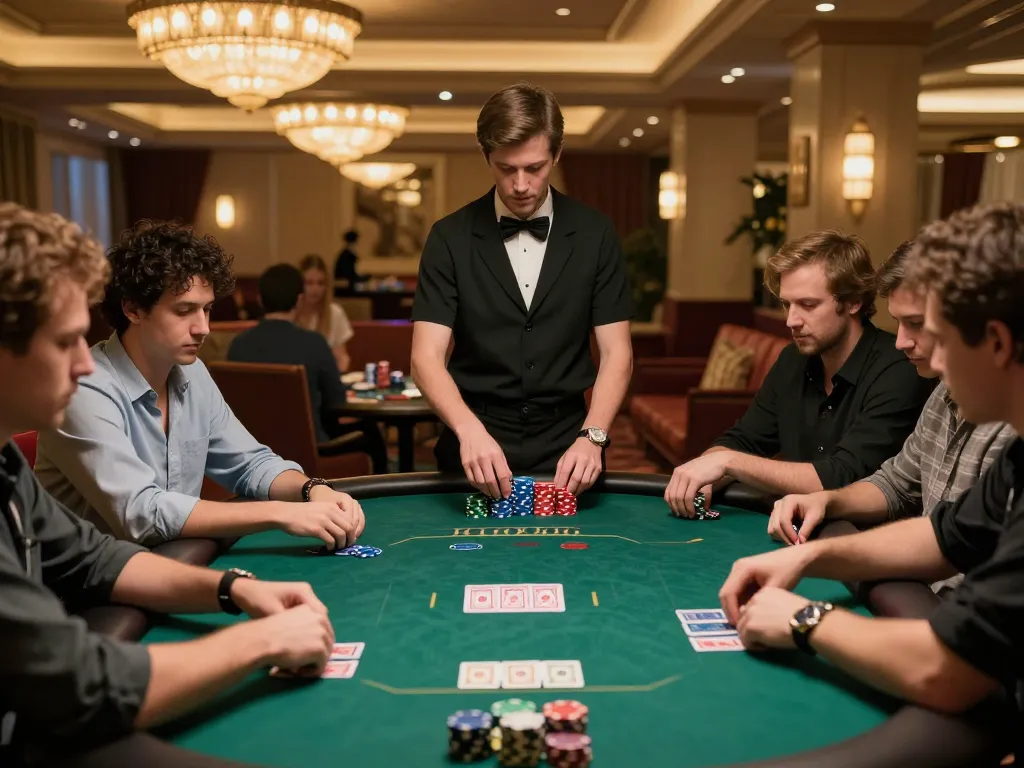 Players strategizing high-stakes poker at RR88 NAVY casino table, vibrant atmosphere