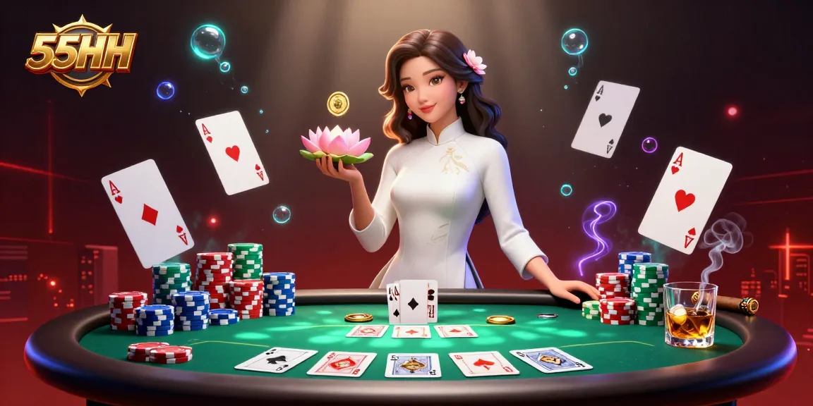 Experience the excitement of 55HH with engaging gambling elements, including poker chips and community cards.