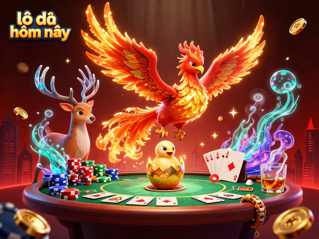 Experience the thrill of lô đề hôm nay with a vibrant 3D casino scene featuring a phoenix and poker elements.