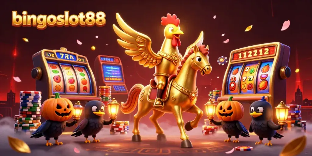 Jelajahi serunya bingoslot88 dengan gambaran kasino digital yang menawan diterangi lampion emas.